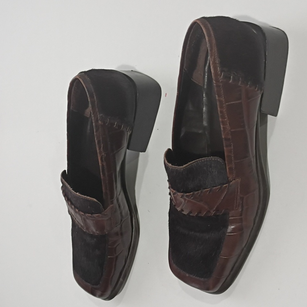 CEM Elegant Brown Leather Loafers with Faux Croc and Calf Hair Square Toe Sz 10M - Picture 5 of 16